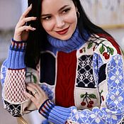Одежда handmade. Livemaster - original item Women`s Winter cherry sweater, patchwork, merino wool, hand embroidery. Handmade.