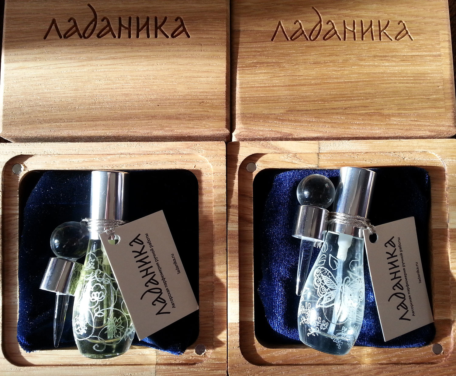Флаконы упакованы в шкатулку из дуба
