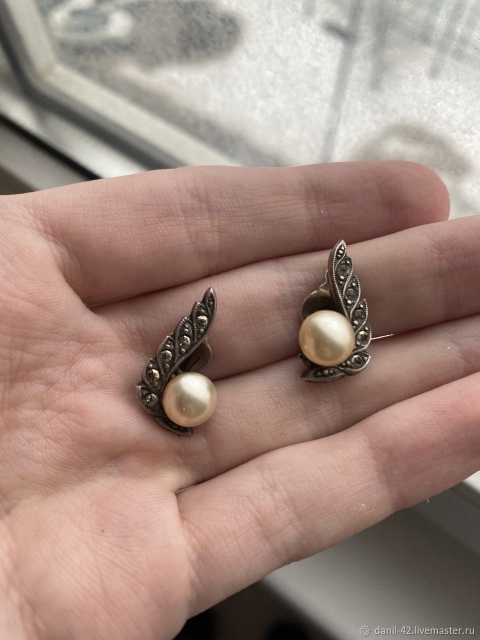 Винтаж: Старинные серебряные серьги-клипсы с жемчугом. 1930-1940-х ...