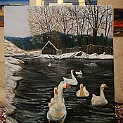 Картины и панно handmade. Livemaster - original item Painting landscape Geese Village in winter. Handmade.