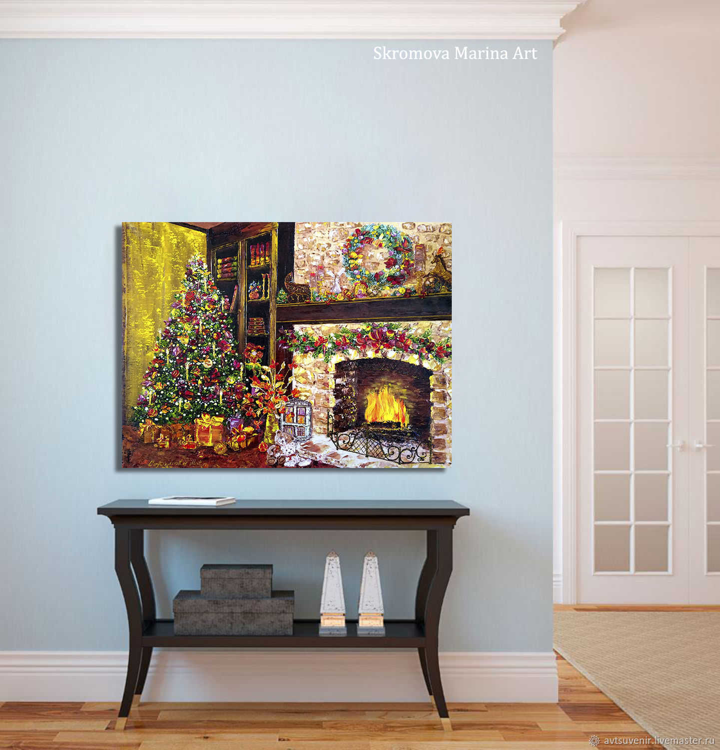 Праздничная новогодняя картина. Новогодняя ночь у камина картина в ...