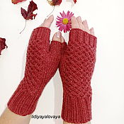 Аксессуары handmade. Livemaster - original item Mitts: Knitted mittens from merino Plaited burgundy. Handmade.