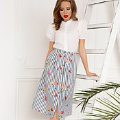 Одежда handmade. Livemaster - original item Striped skirt with flower embroidery, summer cotton white gray buttons. Handmade.