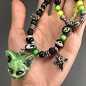 Работы для детей, handmade. Livemaster - original item A gift for the Year of the Green Dragon. Green beads with a cat and a dragon. Handmade.