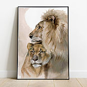 Картины и панно handmade. Livemaster - original item Painting watercolour a lion and lioness (brown grey pair is a gift to the lions). Handmade.