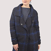 Одежда handmade. Livemaster - original item Demi-season black coat with a blue check, insulated. Handmade.