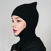 Аксессуары handmade. Livemaster - original item Black knitted balaclava, with horns, with ears, with lapel, hood. Handmade.
