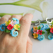 Set of jewelry with blue peonies, polymer clay