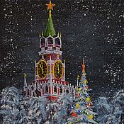 Картины и панно handmade. Livemaster - original item Painting Spasskaya tower on New year`s eve, Kremlin, Christmas Tree, 20h25, oil. Handmade.