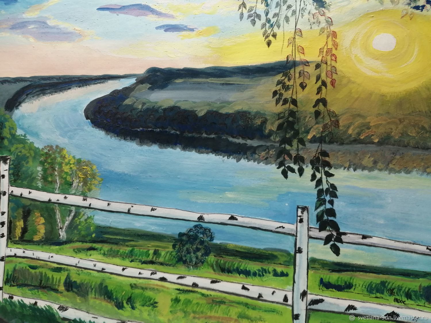 Картина "Закат в деревне у реки" в интернет-магазине Ярмарка Мастеров ...