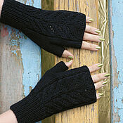 Аксессуары handmade. Livemaster - original item Knitted women`s mittens with a pattern with silk Black. Handmade.