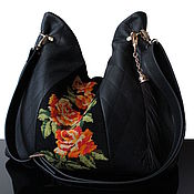 Сумки и аксессуары handmade. Livemaster - original item Crossbody bag: Black leather bag with vintage embroidery. Handmade.