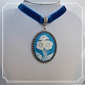 Субкультуры handmade. Livemaster - original item Ribbon with cameo Flowers background blue under silver on a blue ribbon 30h40. Handmade.