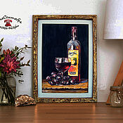 Картины и панно handmade. Livemaster - original item Still life with a bottle of wine watercolor pastel in a frame TART WINE. Handmade.