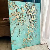 Картины и панно handmade. Livemaster - original item Golden branches on a turquoise background, 70/50cm. Handmade.