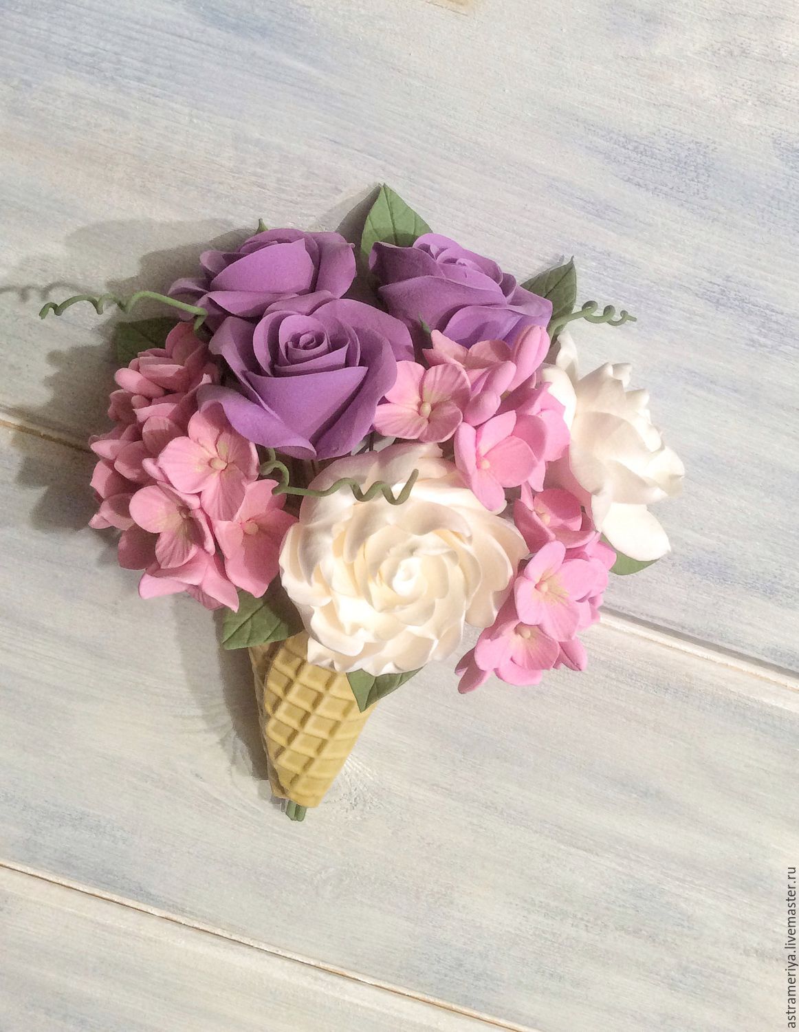 Кашпо с розами и розовой гортензией из полимерной глины – купить в ...