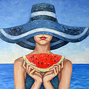 Картины и панно handmade. Livemaster - original item Oil painting of a girl in a hat with a watermelon on the sea TO ORDER. Handmade.