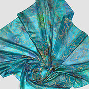 Платок из шелка "Бирюзовое море" с ручной росписью батик