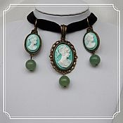Субкультуры handmade. Livemaster - original item Jewelry set with cameos and aventurine (choker 18h25 earrings 13h18). Handmade.