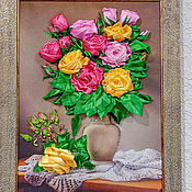 Picture embroidered ribbons flowers in a vase
