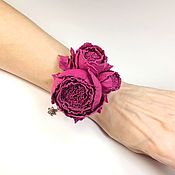 Украшения handmade. Livemaster - original item Dance of Roses Fuchsia Leather Bracelet Handmade Flowers, Leather. Handmade.