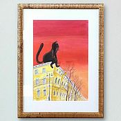 Картины и панно handmade. Livemaster - original item Cat on the roof. St. Petersburg sketches 3. The picture in the frame. Handmade.