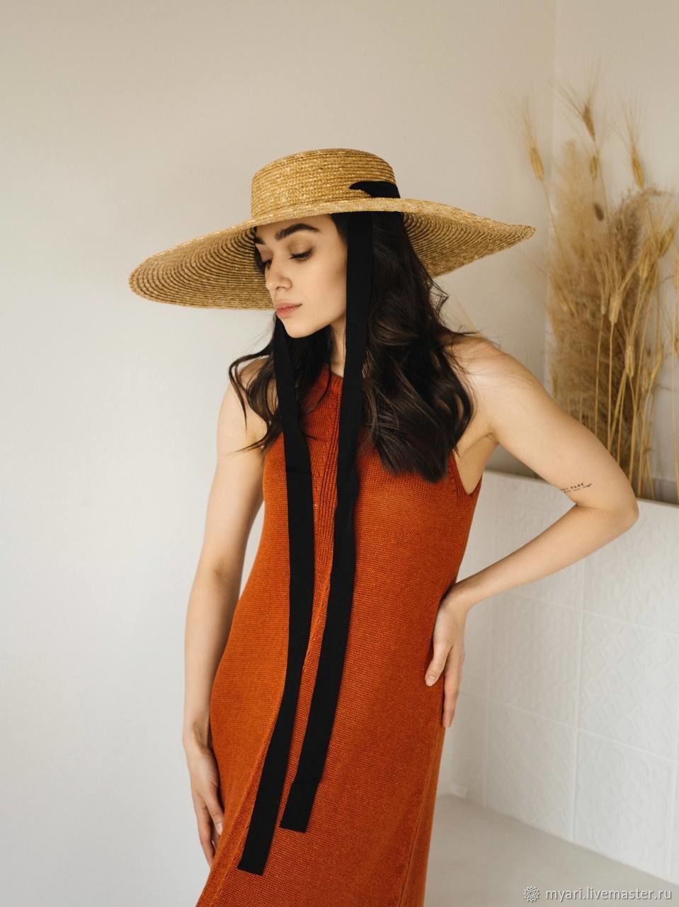 Шляпа из соломы, поля 17 см. с низкой тульей и лентами-завязками/CL014 ...