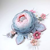 Украшения handmade. Livemaster - original item Valley of the Cloud Rose Brooch with flowers made of fabric and genuine leather. Handmade.