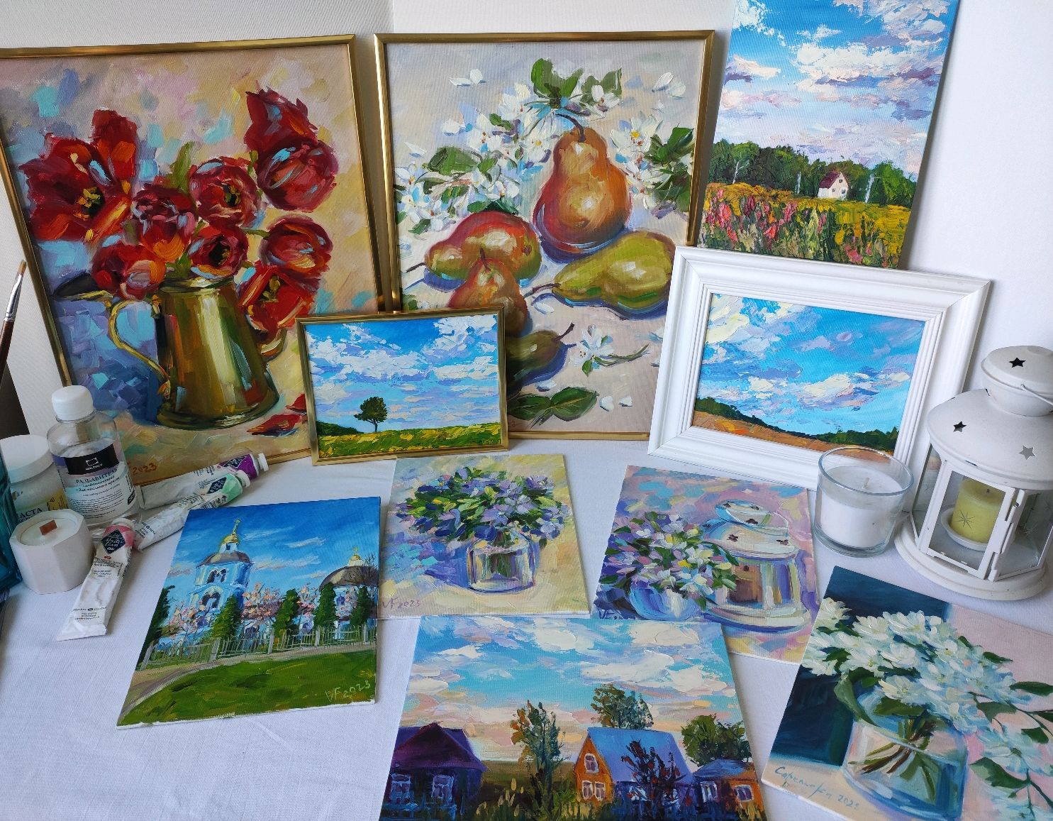 Картина масляными красками, холст на картоне, красные тюльпаны в ...