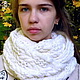 Snood in two turns, scarf knitting, women`s knitted scarf, buy knitted cowl, knitted cowl, a white scarf, a Scarf with braids, a Snood with braids, white, Snood knitted scarf, Snood knitting