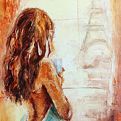 Картины и панно handmade. Livemaster - original item Painting Girl with a mug by the window Paris oil palette knife brown. Handmade.