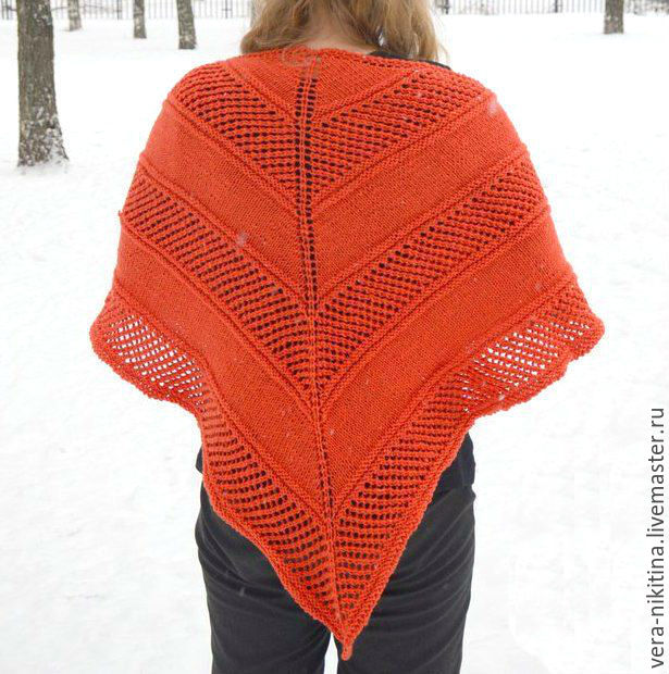 Шаль спицами, шаль вязаная из шерсти рыжая Осенний костер купить в ...