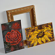 Картины и панно handmade. Livemaster - original item Set of two paintings of miniatures Roses red and Sunflowers, oil, 10 x 15. Handmade.