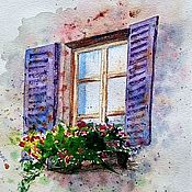Картины и панно handmade. Livemaster - original item Painting provence Italy window with flowers purple city landscape. Handmade.