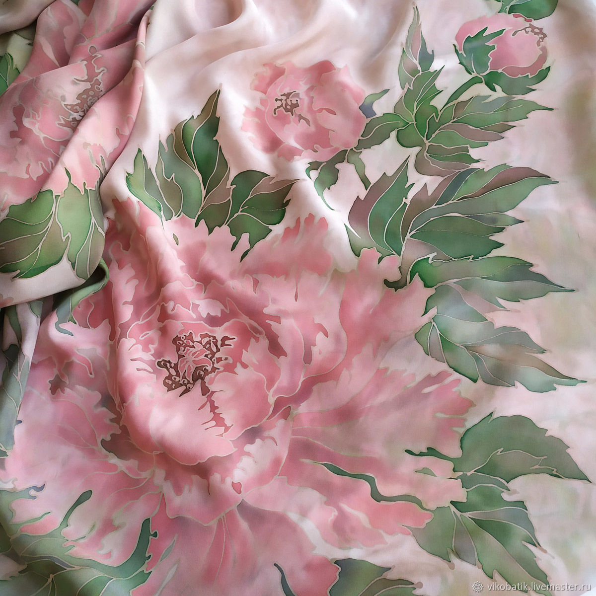 Shawl 'Beautiful peonies' Batik Natural silk 100%, Shawls1, Kislovodsk,  Фото №1