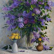 Картины и панно handmade. Livemaster - original item Lilac and dandelions. Oil on canvas 70h90 cm. Handmade.