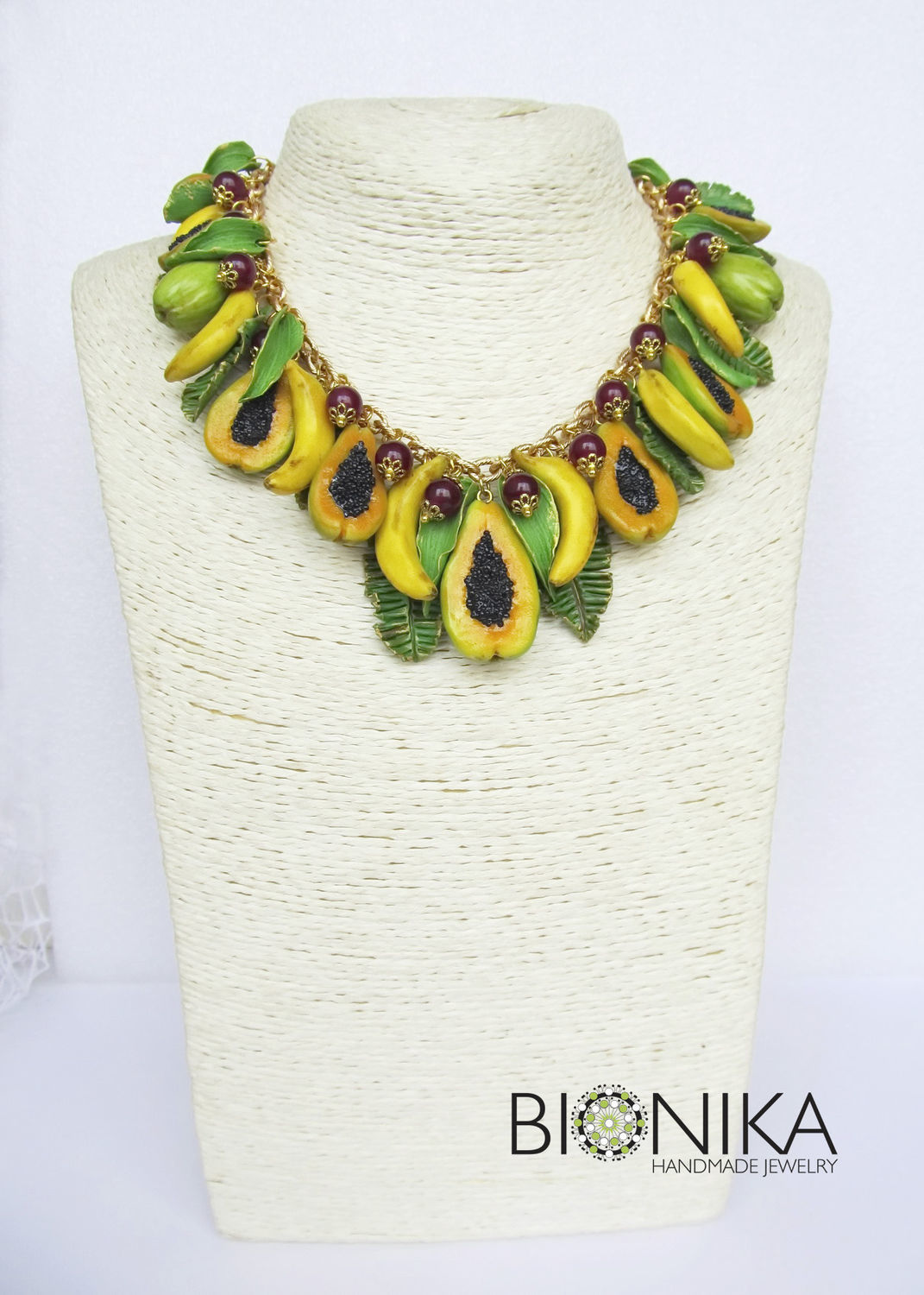 Fruit necklace with papaya and bananas made of polymer clay купить на