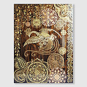 Decorative painting for the interior with gold Fairy peacock
