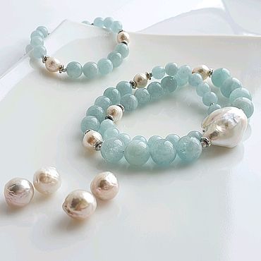 украшения с аквамарином и жемчугом