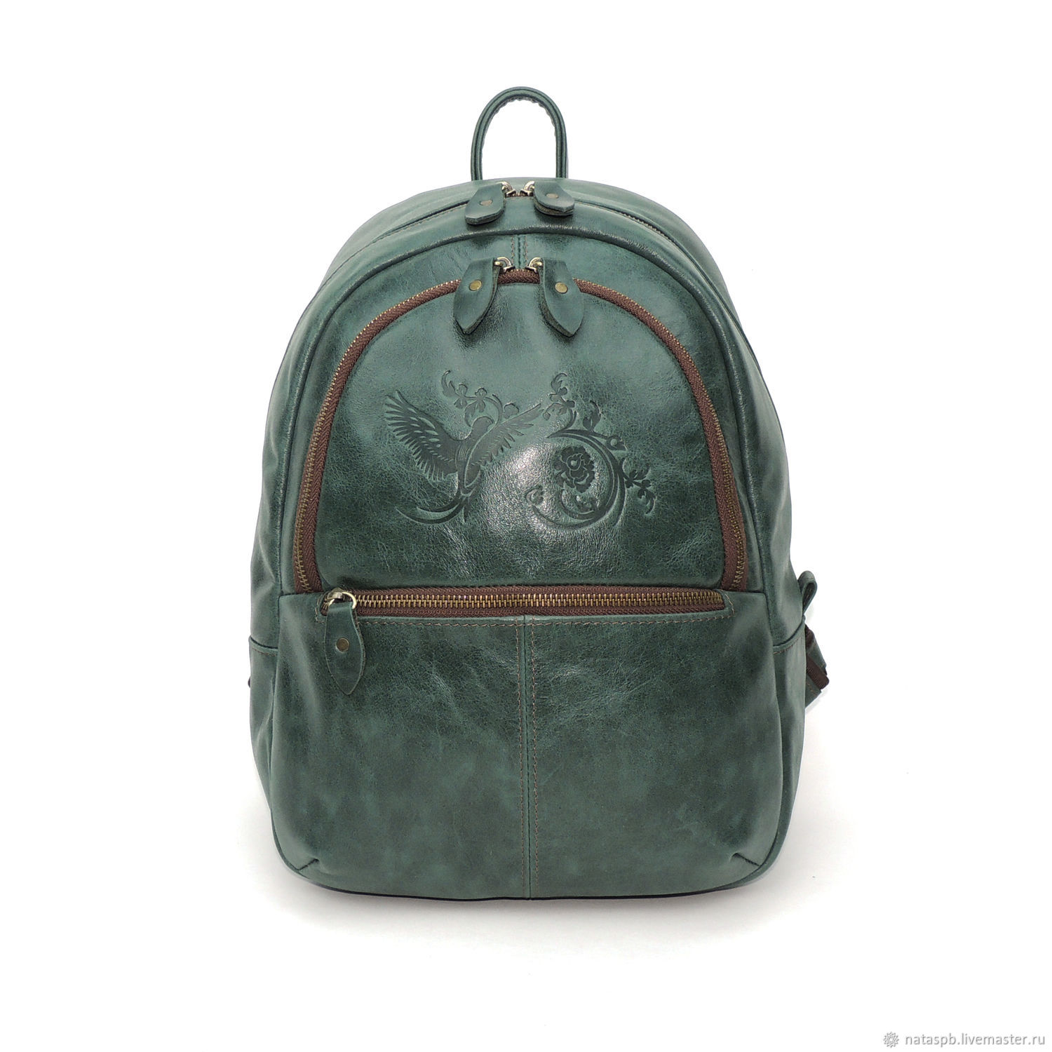  Women's leather backpack dark green with malachite pockets, Backpacks, St. Petersburg,  Фото №1