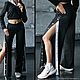 Women's wide trousers with buttons, black summer trousers with stripes, Pants, Novosibirsk,  Фото №1