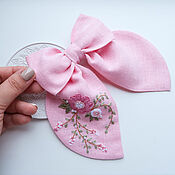 Украшения handmade. Livemaster - original item Bow Hairpin Pink Linen - Embroidery Flowers. Handmade.