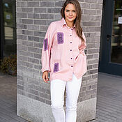 Одежда handmade. Livemaster - original item Oversize linen shirt with embroidered stripes pink powder. Handmade.