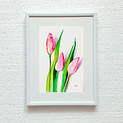 Картины и панно handmade. Livemaster - original item Gift to a woman A watercolor painting in a frame Tulips. Handmade.