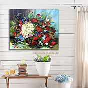 Oil painting with flowers in transparent vase