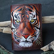 Сумки и аксессуары handmade. Livemaster - original item Tiger leather passport cover, leather cover, embossed painting. Handmade.