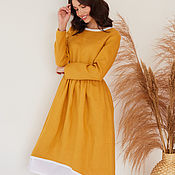 Одежда handmade. Livemaster - original item Mustard-colored linen dress with cotton lace. Handmade.