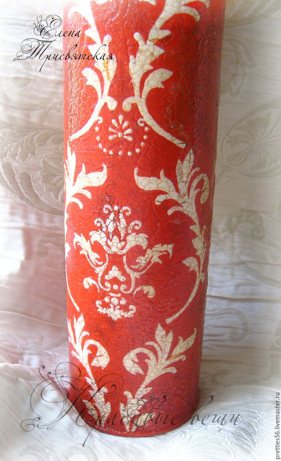 Ваза декоративная для сухоцветов "Красная классика". Декупаж, винтаж