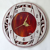 Для дома и интерьера handmade. Livemaster - original item Wooden wall clock with stained glass white red. Handmade.