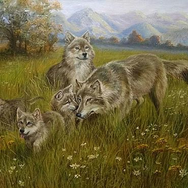 Семья волков - волк и волчица, ожидающая волчат. Весна. Игра